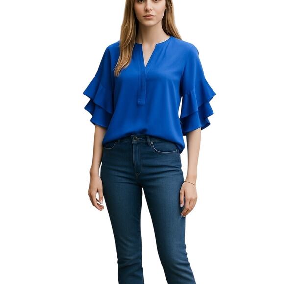 Vince Camuto Tops - Vince Camuto Women Sapphire Blue Ruffle Sleeve Split Neck Blouse Size XS - NWT
